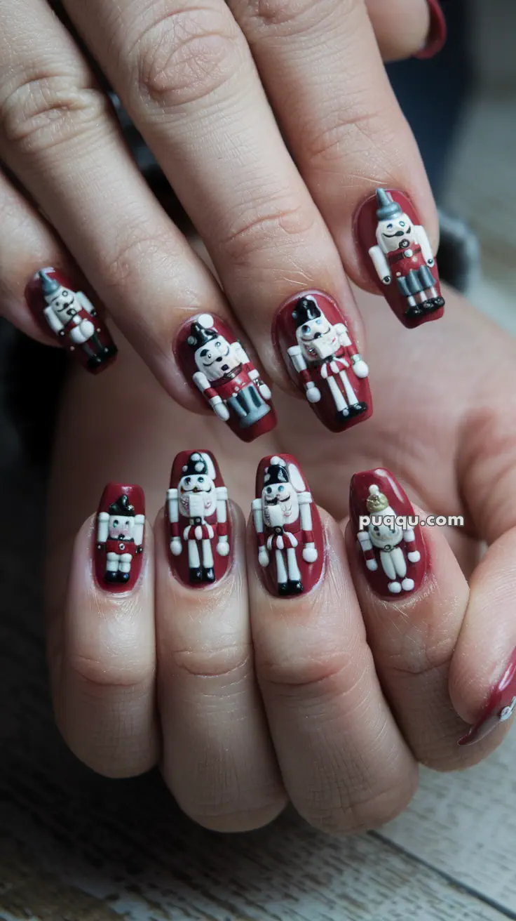 Close-up of hands with red nails featuring detailed 3D nutcracker designs.