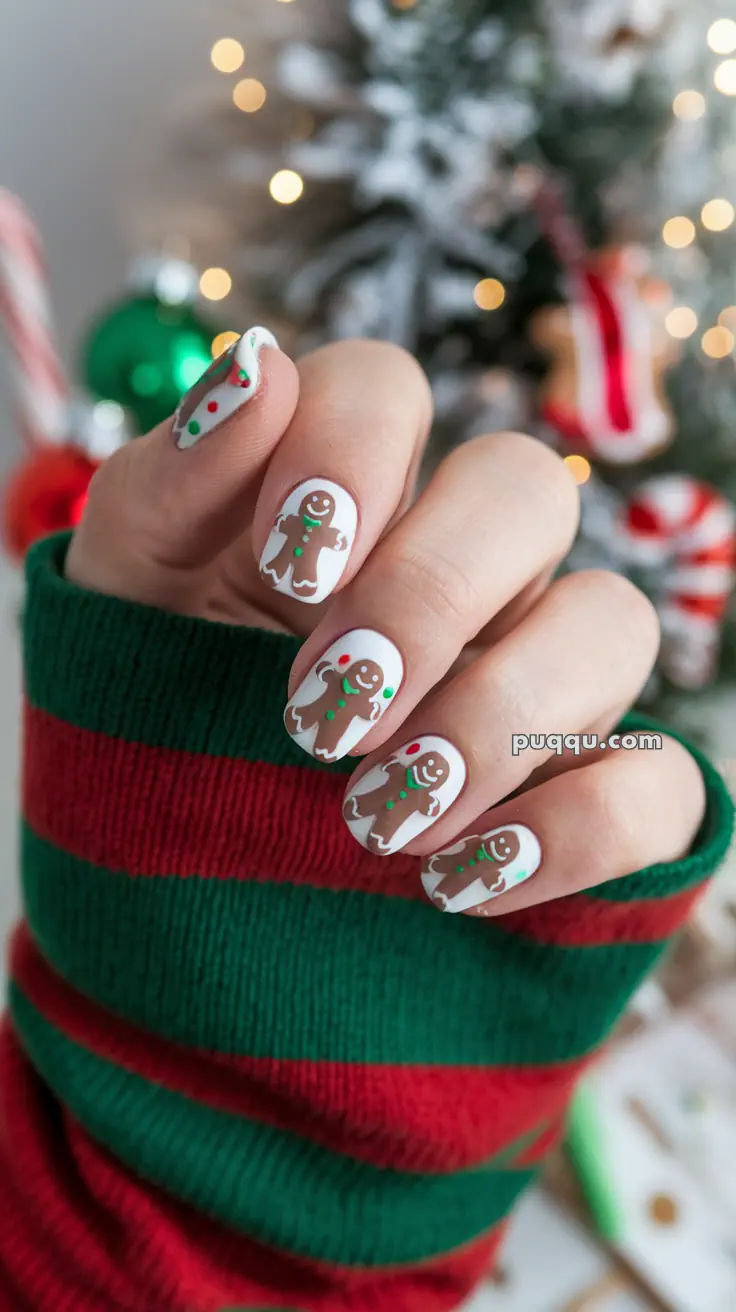 Christmas-themed nail art featuring gingerbread men designs with a background of holiday decorations.