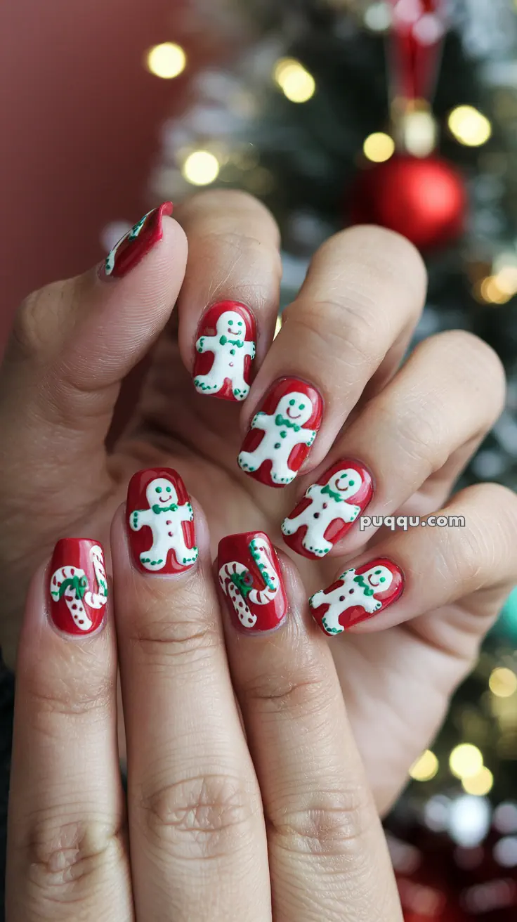 Hands with Christmas-themed nail art featuring gingerbread men and candy canes on a red background.