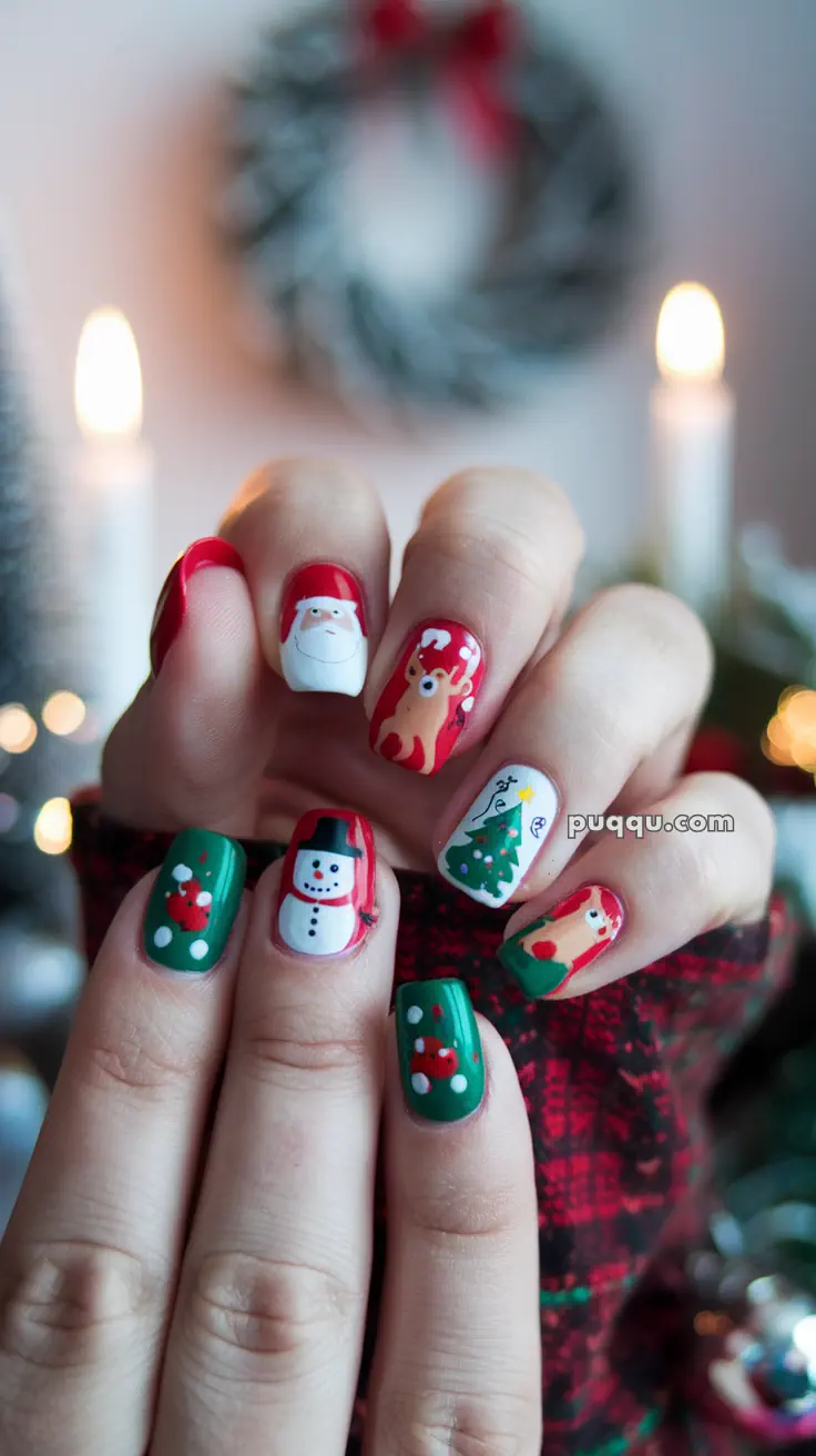 Festive Christmas-themed nail art featuring Santa, reindeer, snowman, Christmas tree, and red and green decorations.