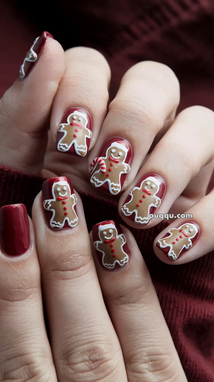 Fingernails with gingerbread man nail art design on a dark red base.