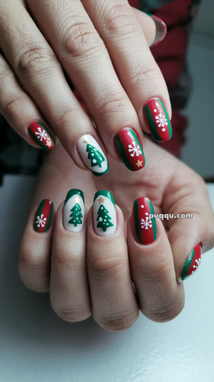 Close-up of hands with festive nail art featuring Christmas trees, snowflakes, and stars in red, green, and white colors.