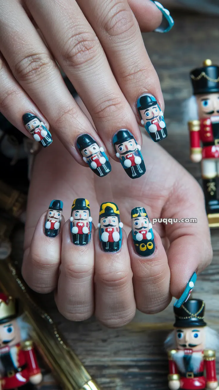 Nail art featuring 3D nutcracker designs in various uniforms on all fingers, with actual nutcrackers in the background.