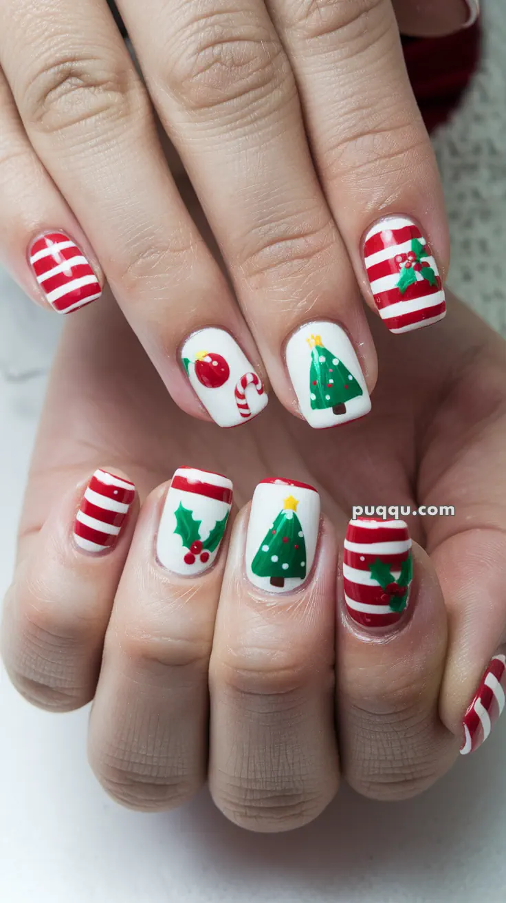 Hands with Christmas-themed nail art, featuring candy canes, holly, Christmas trees, and red and white stripes.