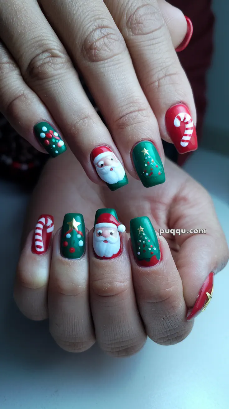 Colorful Christmas-themed nail art featuring Santa Claus, Christmas trees, candy canes, and polka dots in red and green.