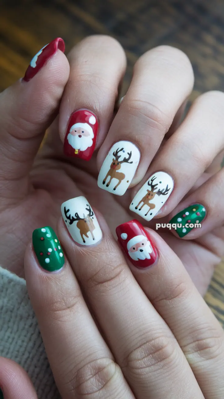 Festive Christmas-themed nail art featuring Santa and reindeer designs on red, green, and white backgrounds.