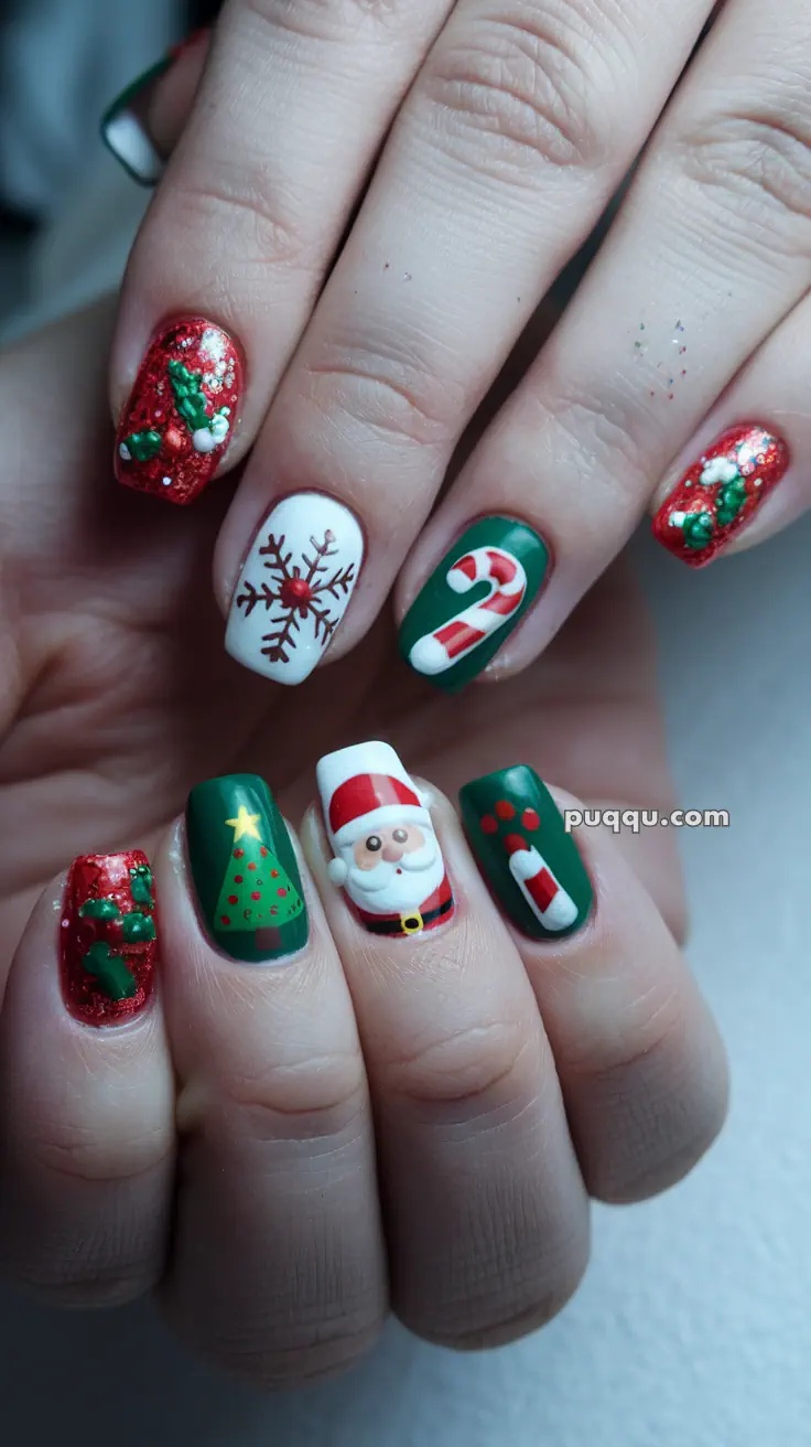 Festive Christmas-themed nail art featuring Santa Claus, snowflakes, candy canes, a Christmas tree, and holly on red and green backgrounds.