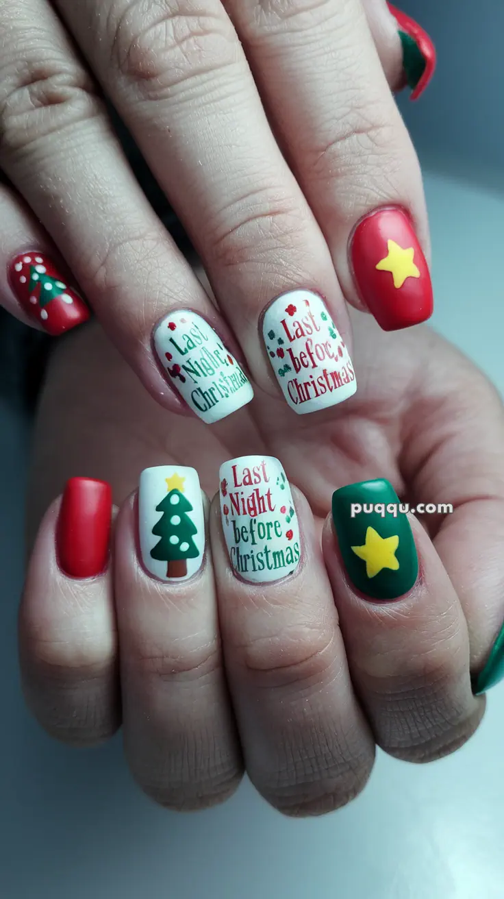 Christmas-themed nail art with designs including Christmas trees, stars, and the phrase "Last Night before Christmas."