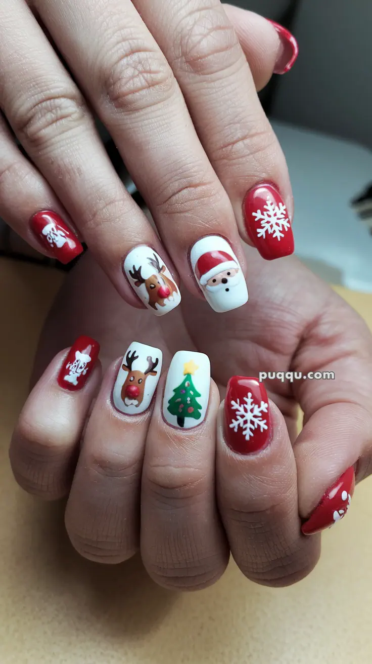 Hands with festive nail art featuring Santa Claus, reindeer, Christmas tree, and snowflakes on red and white backgrounds.