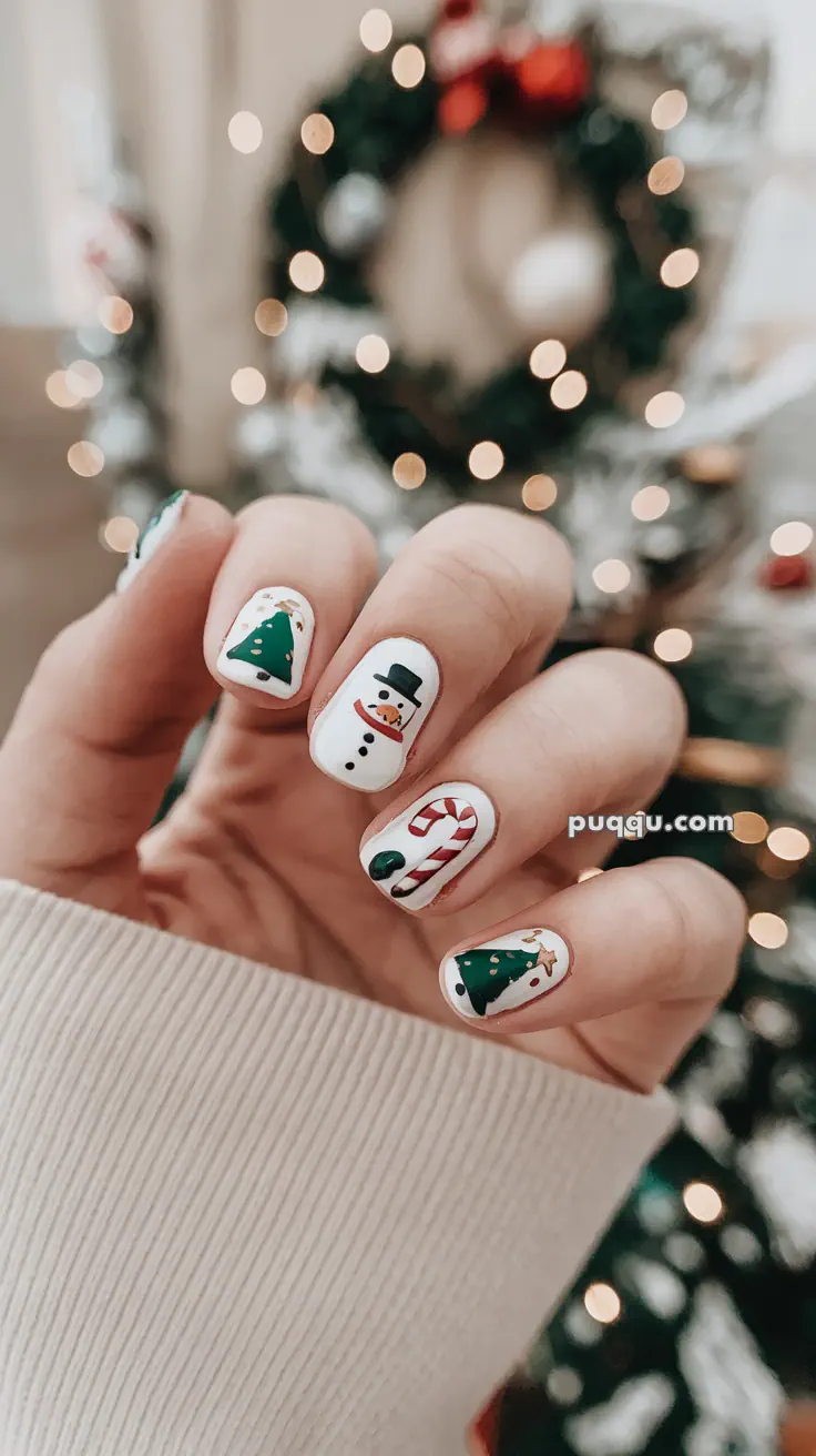 Hand with festive nail art featuring Christmas trees, a snowman, and a candy cane.