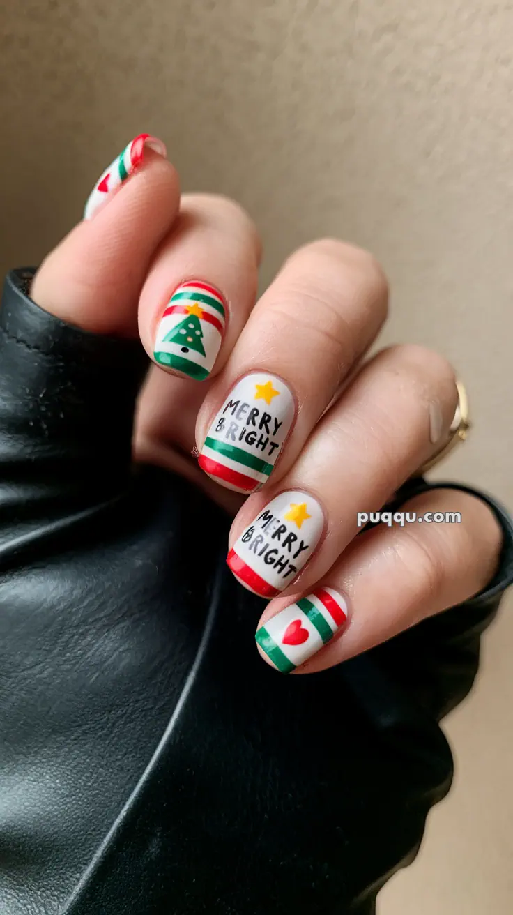 Nails with festive Christmas designs including a tree, "Merry & Bright" text, and heart patterns in red, green, and white.