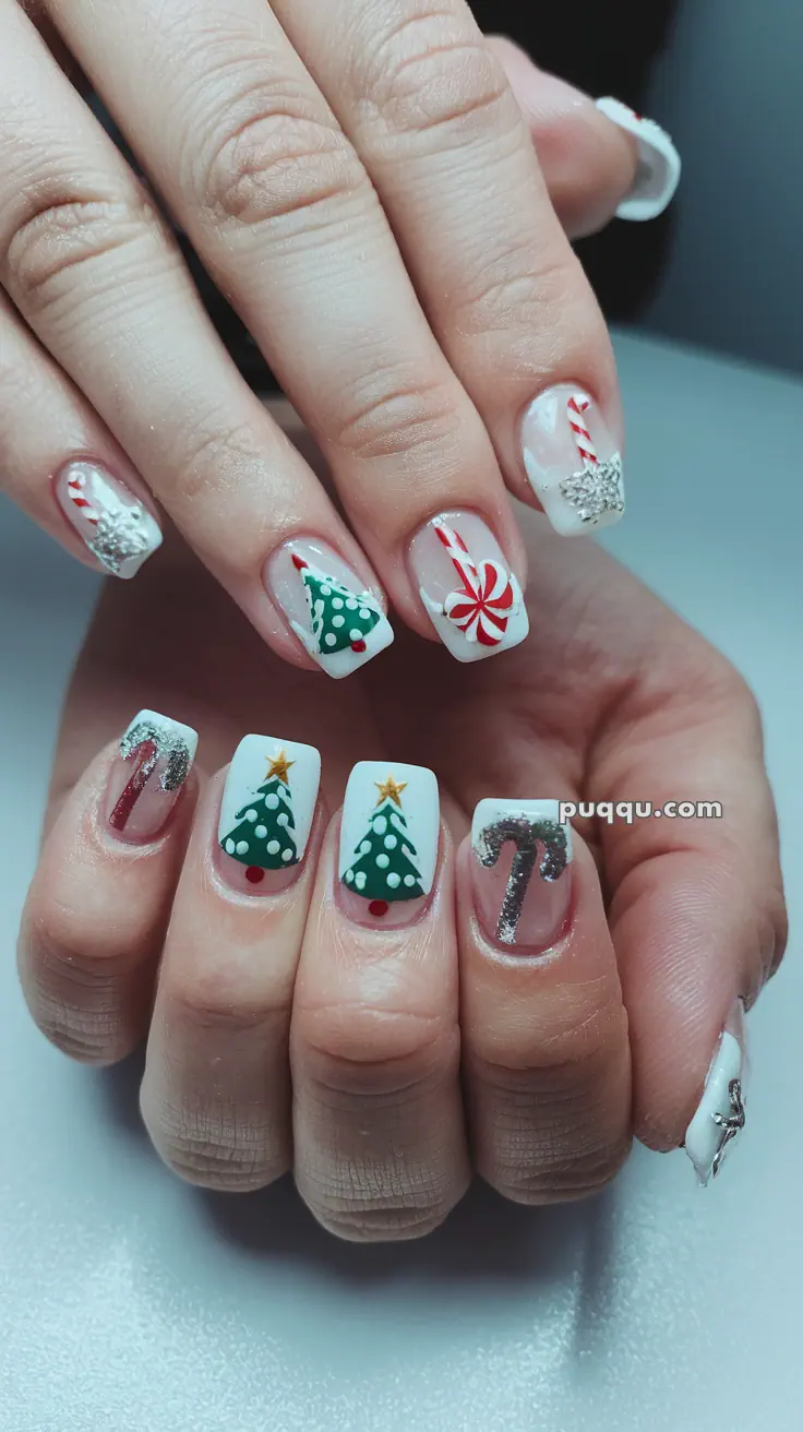 Festive Christmas-themed nail art with designs of candy canes, Christmas trees, and peppermint swirls on white nail polish.