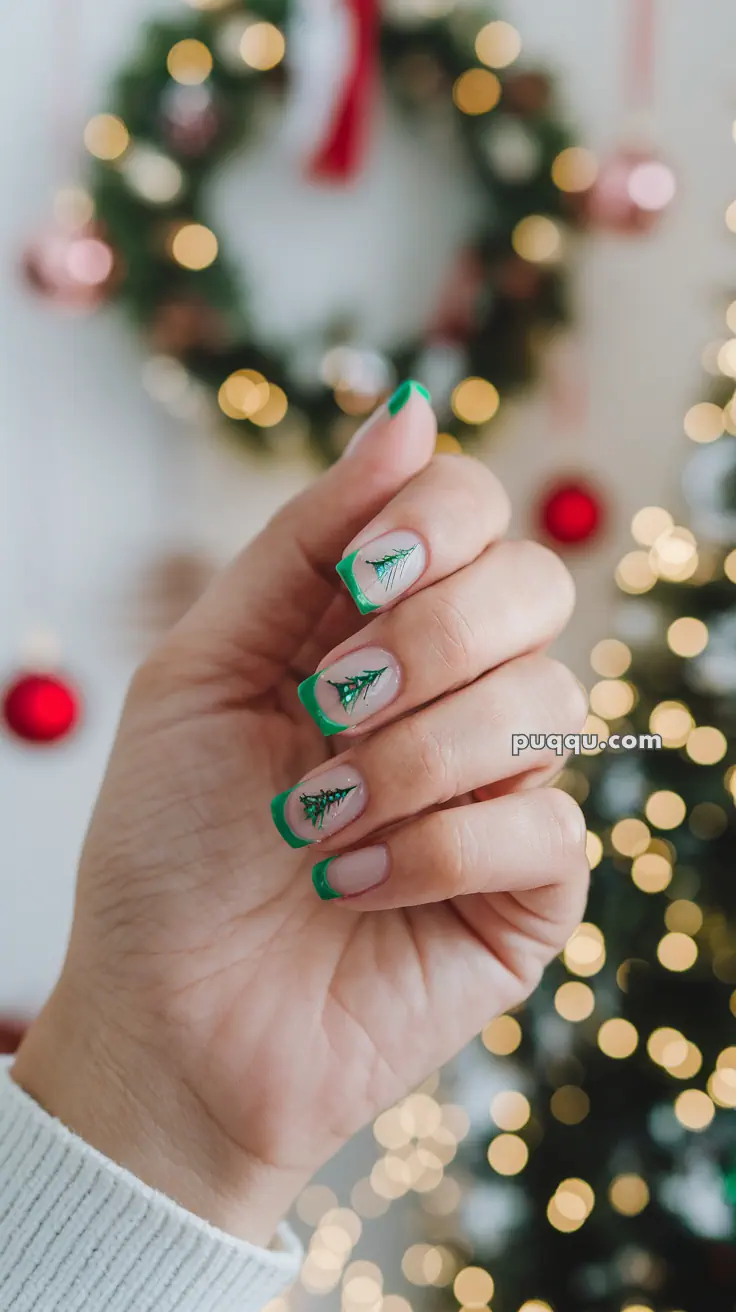 Hand with Christmas-themed nail art featuring green tree designs and French tips, with a blurred holiday wreath and lights in the background.