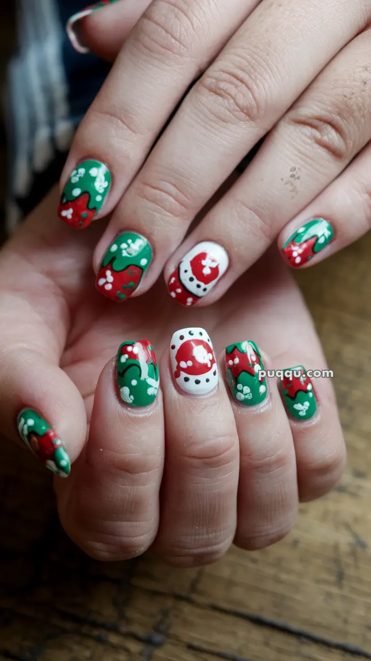 Fingernails with festive Christmas-themed nail art featuring red, green, and white colors with holiday designs.