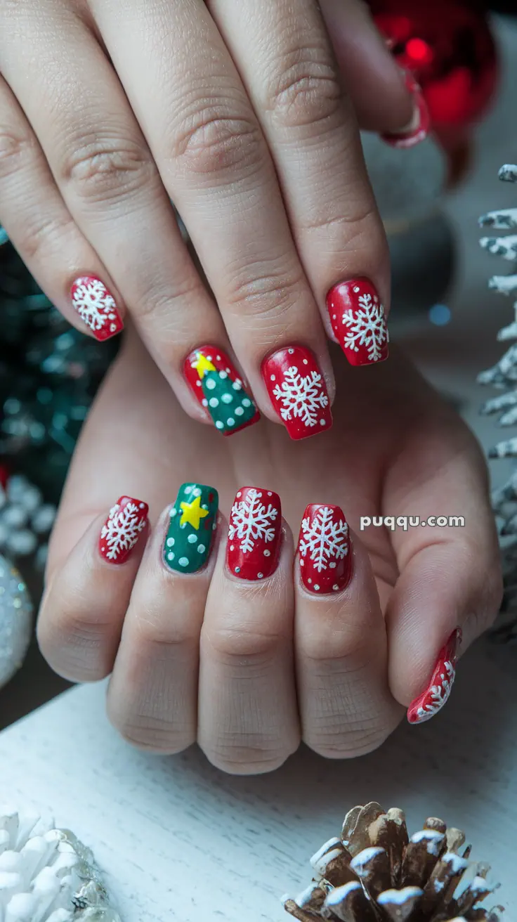 Festive nail art with red and green polish, featuring white snowflake designs and a Christmas tree with a star.