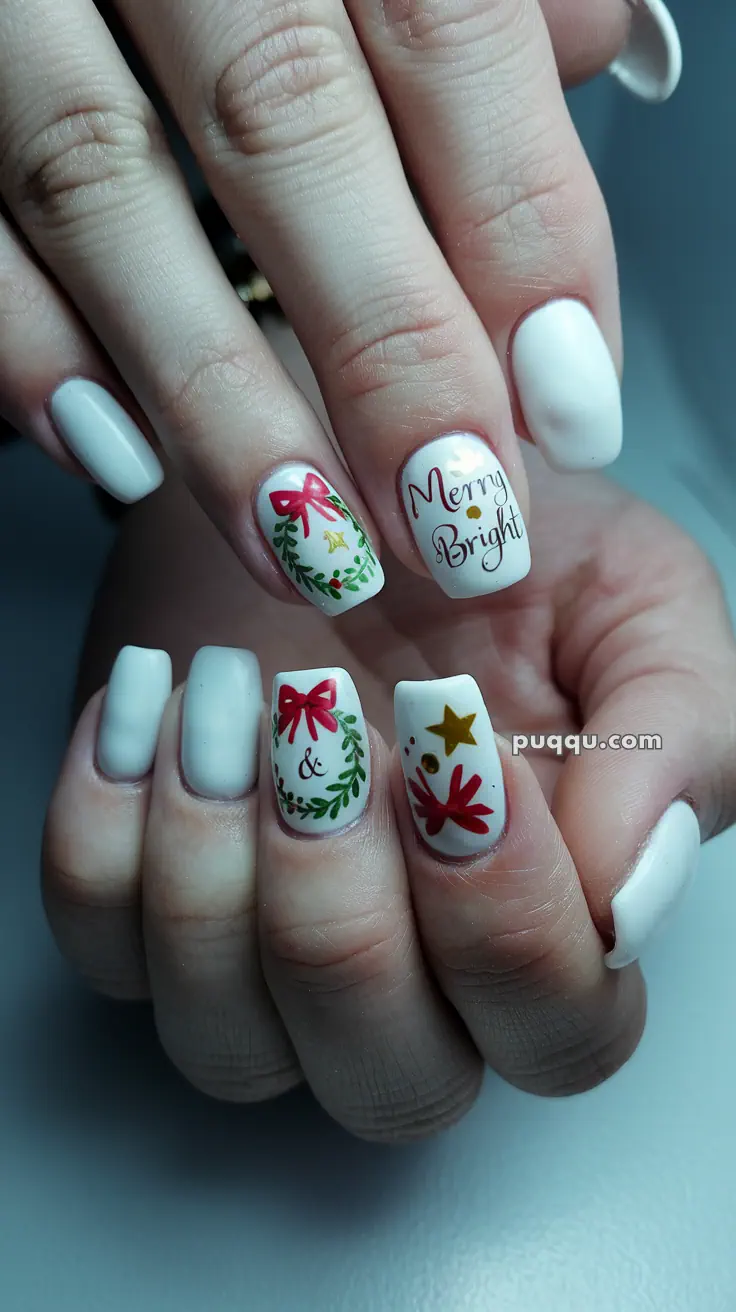 White manicured nails with festive decorations including "Merry & Bright" text, wreaths, stars, and bows.