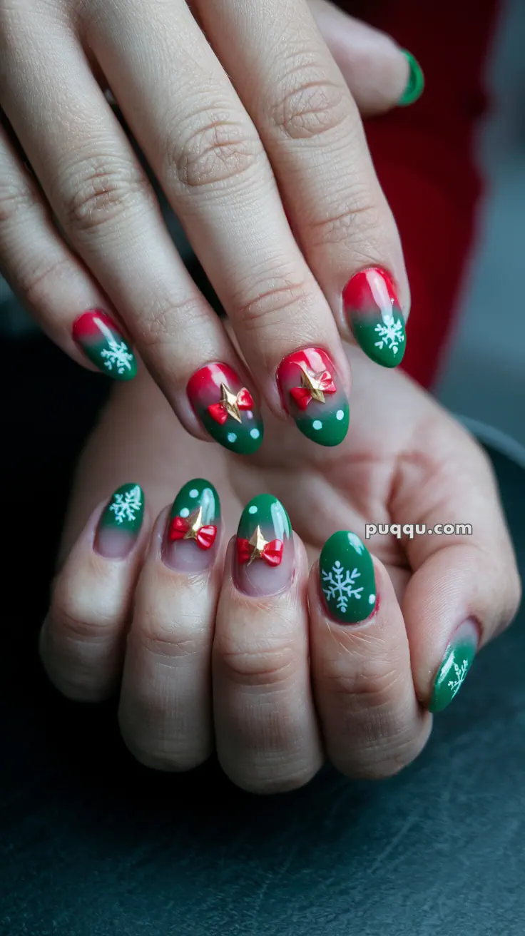 Festive Christmas-themed nail art with red and green colors, white snowflakes, and gold stars.