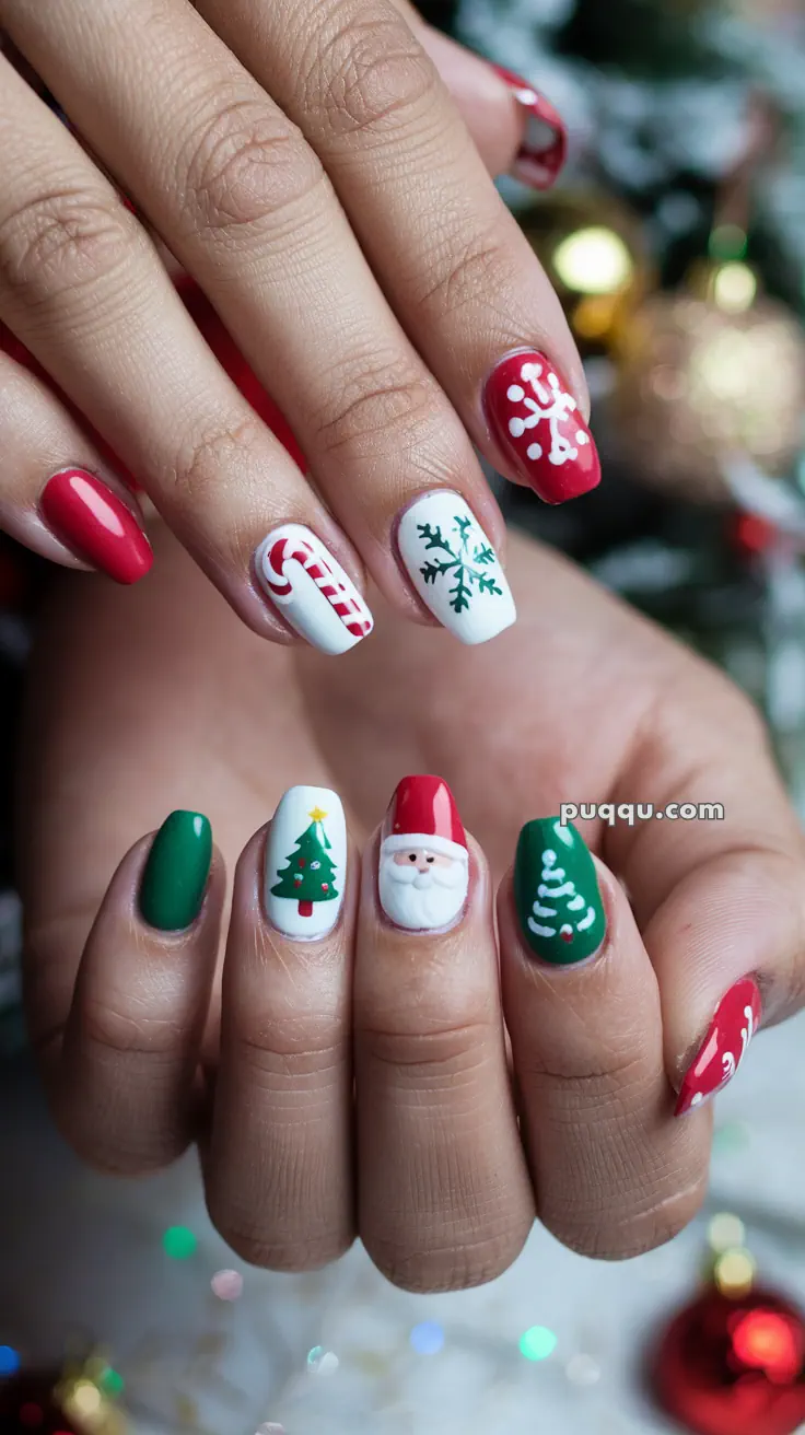 Christmas-themed nail art with designs of candy canes, snowflakes, Christmas trees, and Santa Claus in red, green, and white colors.