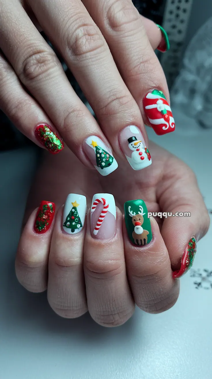 Festive Christmas-themed nail art with designs of a snowman, Christmas tree, candy cane, reindeer, and red and green glitter.