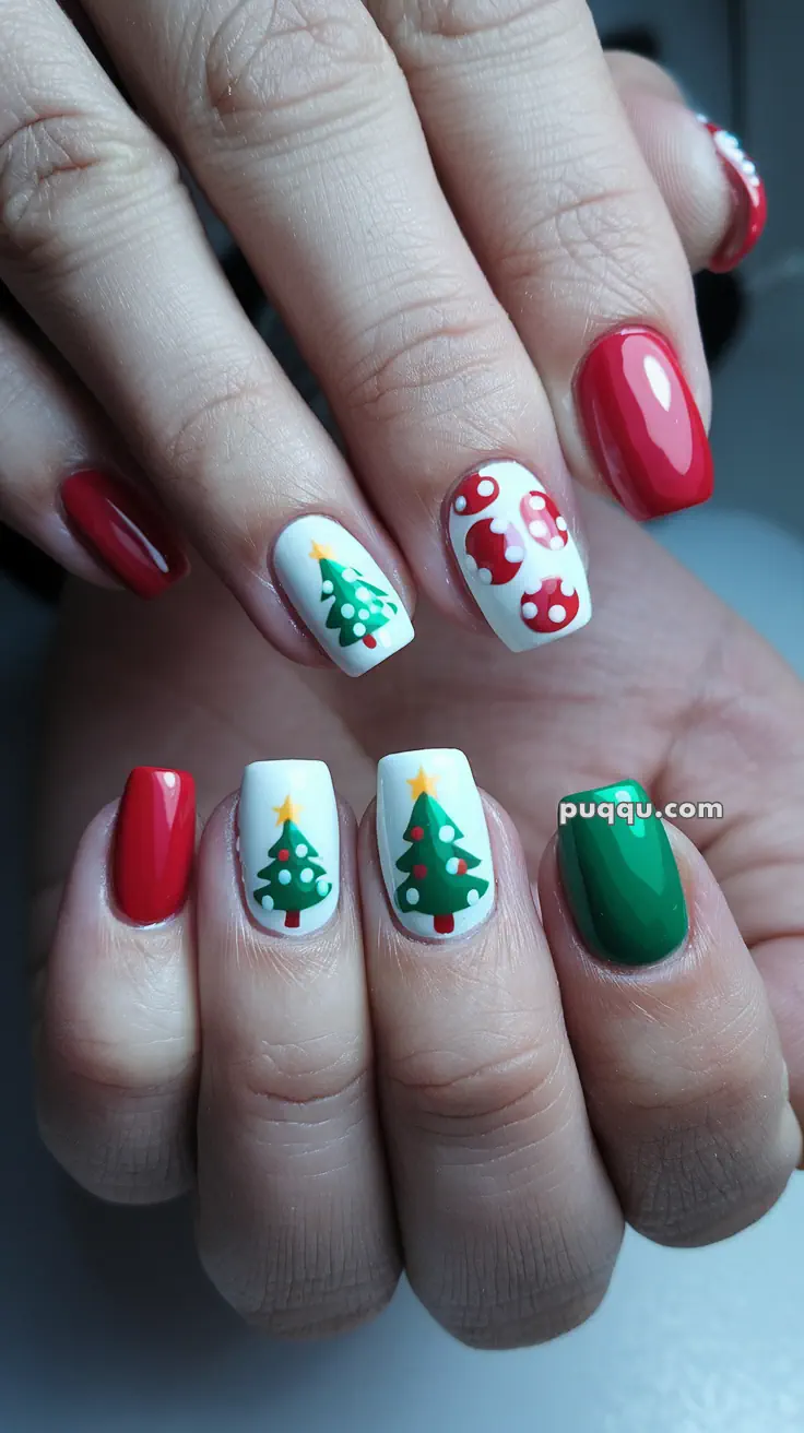 Fingernails with festive holiday nail art, featuring Christmas trees, red mushrooms with white spots, and solid red and green colors.