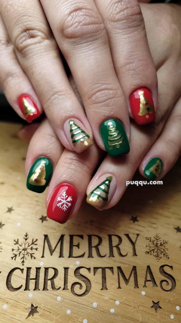 Christmas-themed nail art with red and green polish, featuring gold trees and bells, and a white snowflake.