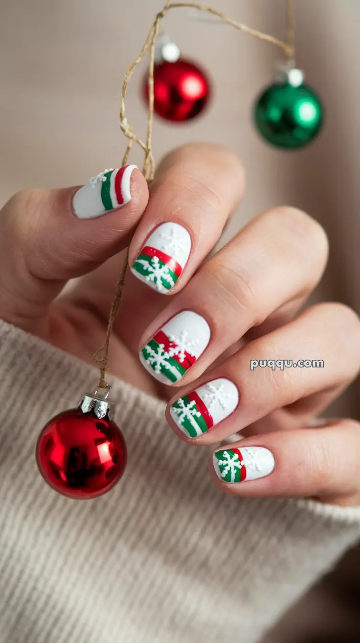 Fingernails with festive Christmas nail art, featuring white snowflakes on a red and green background, holding red and green ornaments.