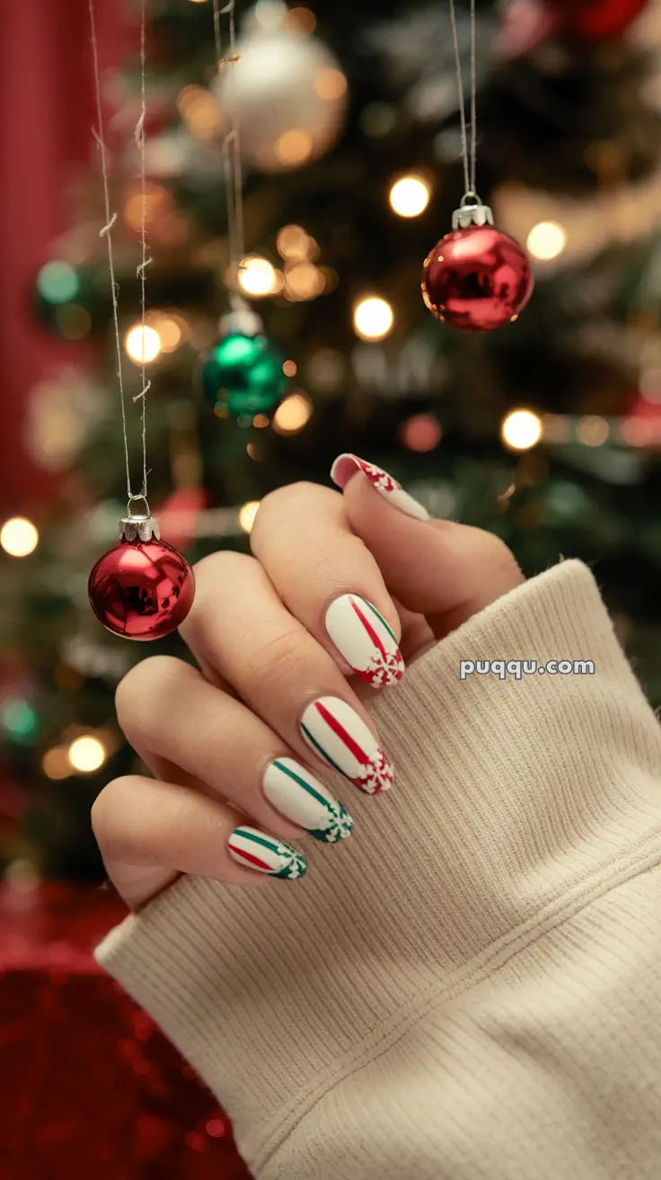 Close-up of a hand with festive nail art featuring red and green stripes and snowflakes, against a blurred background of Christmas ornaments.