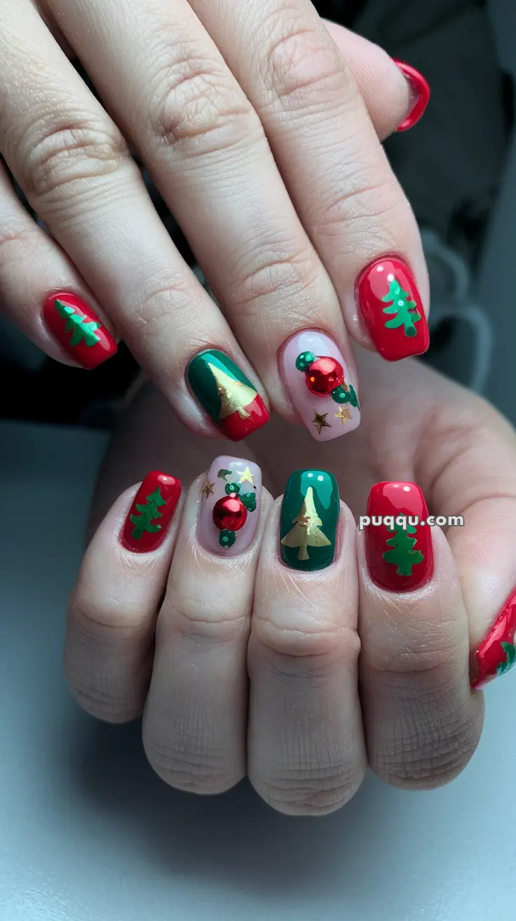 Christmas-themed nail art with red and green polish, featuring designs of trees and ornaments.