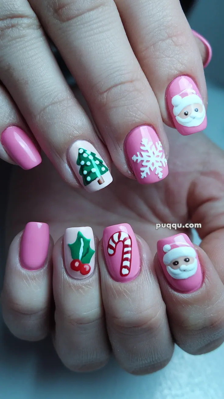 Pink Christmas-themed nail art featuring Santa, snowflakes, candy cane, holly, and a Christmas tree.