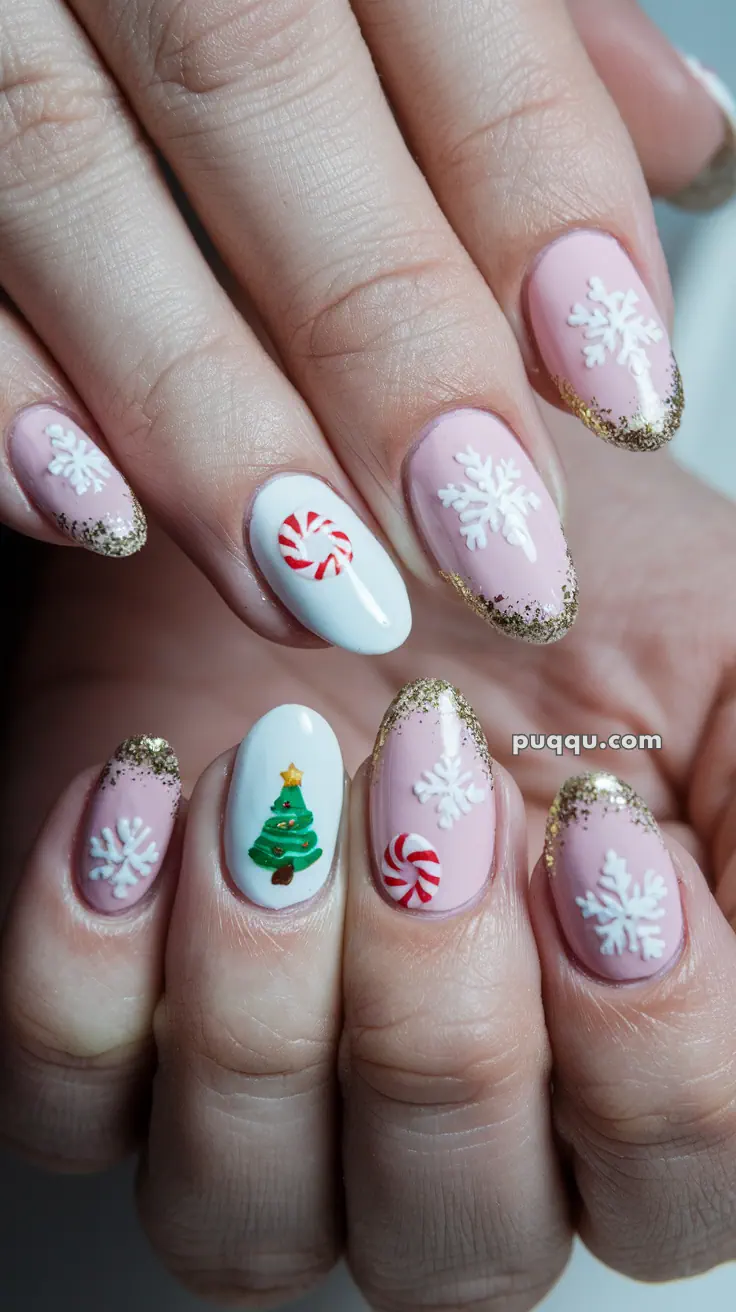 Nails with festive designs featuring snowflakes, a Christmas tree, peppermint candy, and golden glitter tips.