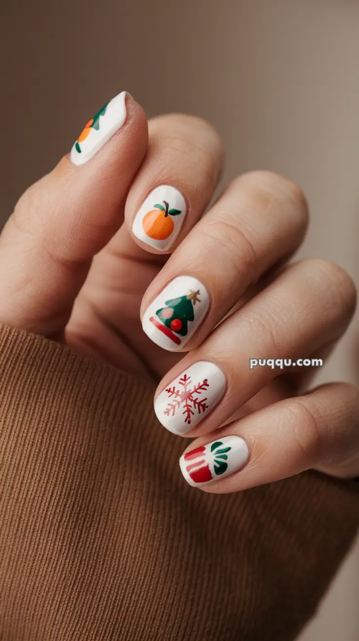 Fingernails painted with festive holiday designs, including an orange, Christmas tree, snowflake, and gift box on a white background.