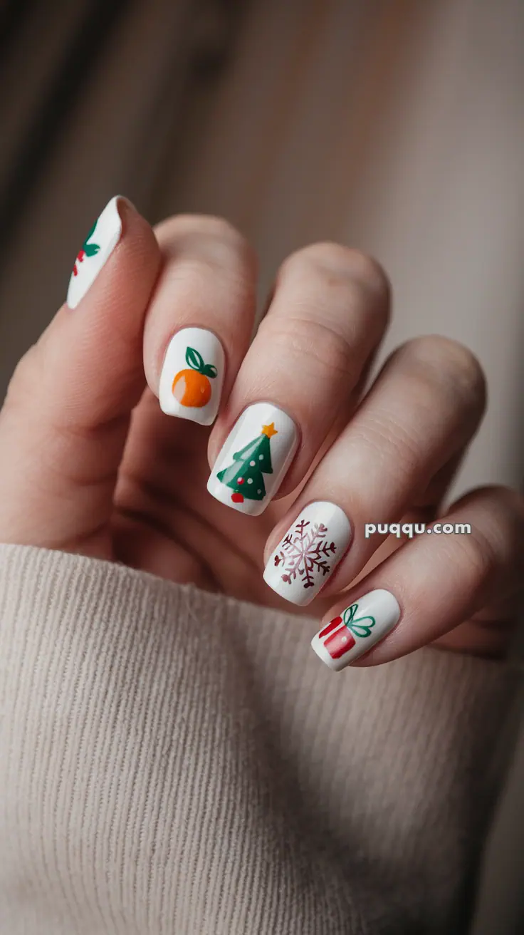 Manicure with festive holiday designs on white nails, featuring fruit, a Christmas tree, a snowflake, and a gift.