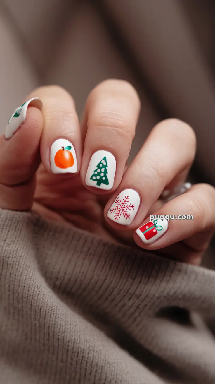 Fingernails with festive designs including an orange, Christmas tree, snowflake, and gift on a beige background.