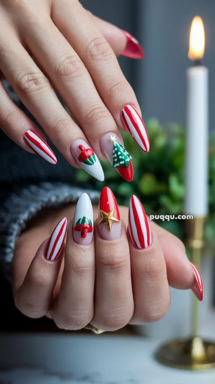 Festive Christmas-themed nail art featuring red and white stripes, holly, a Christmas tree, and a gold star.