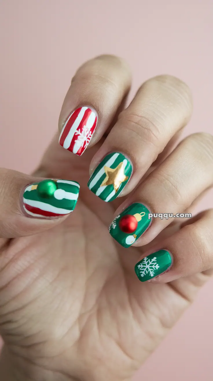 Christmas-themed nail art with red and white stripes, green polish, snowflakes, gold star, and 3D ornaments.