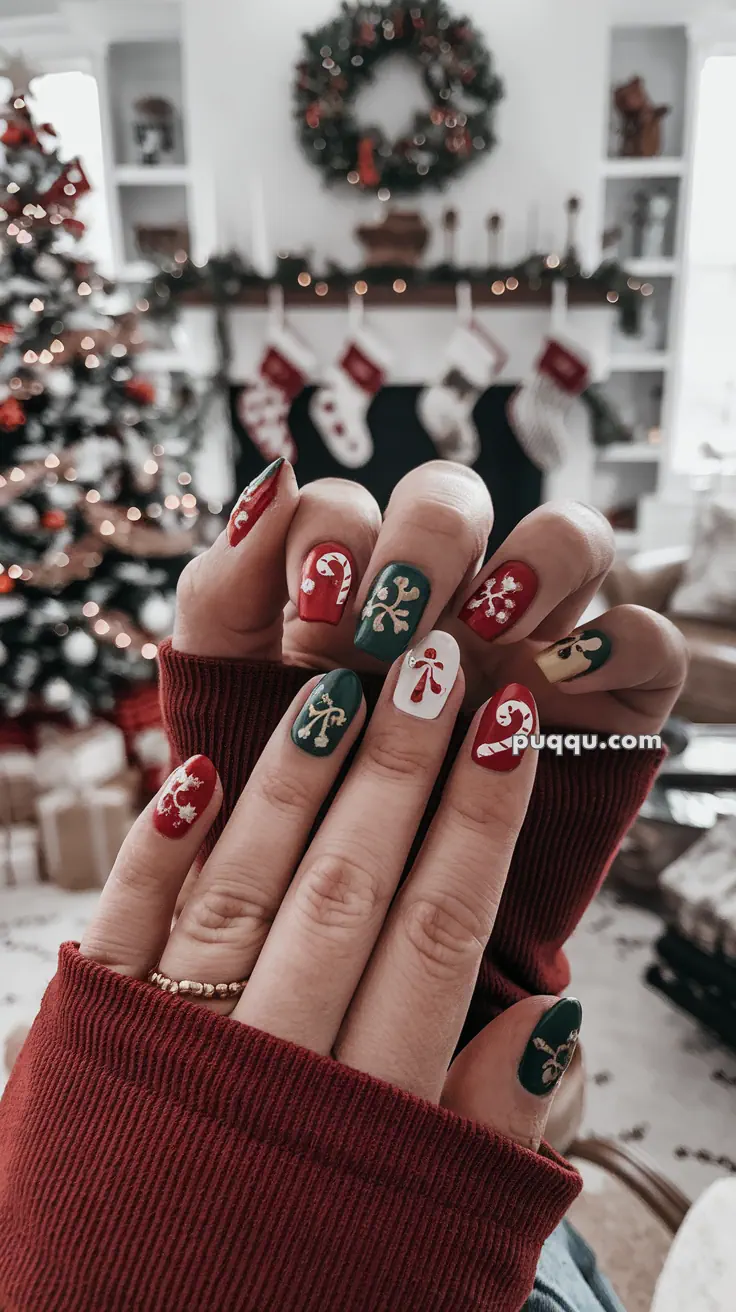 Christmas-themed nail art with red, green, and white colors showing candy canes and snowflakes, set against a festive background with a Christmas tree, wreath, and stockings.