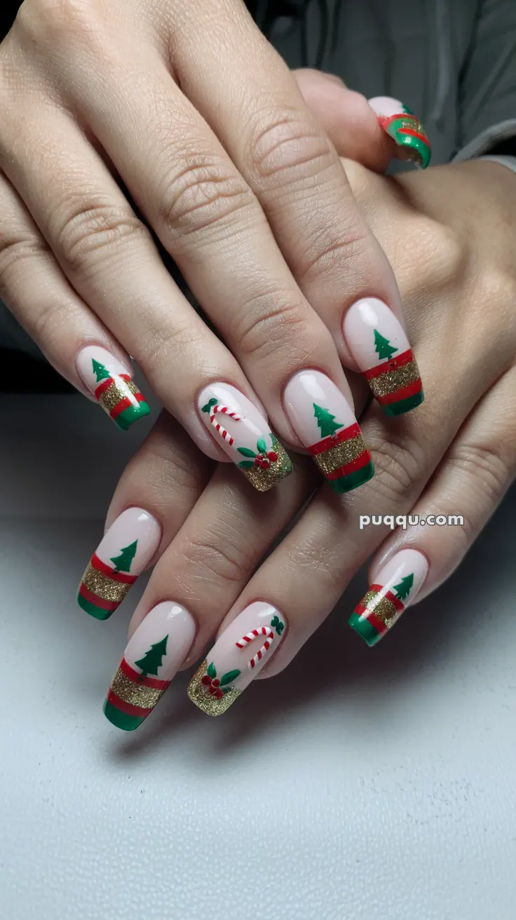 Fingernails with Christmas-themed nail art, featuring trees, candy canes, and glittery red and green stripes.