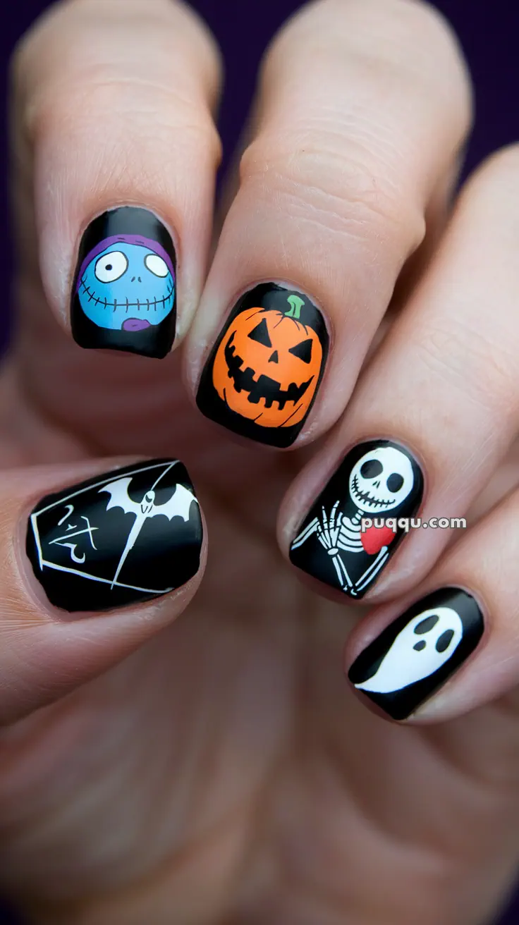 Halloween-themed nail art featuring a blue stitched face, a jack-o'-lantern, a skeleton, a bat on a coffin, and a ghost on a black background.