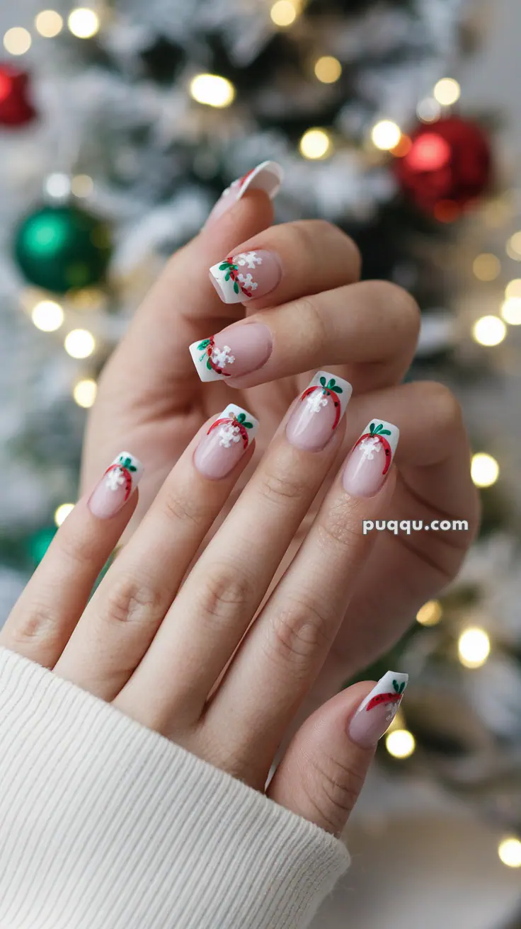 A hand with Christmas-themed nail art featuring red and green decorations on a neutral base, in front of a blurred background with Christmas ornaments.