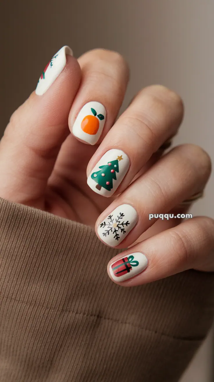 Close-up of a hand with festive nail art, including designs of an orange, Christmas tree, snowflake, and gift box on white nails.