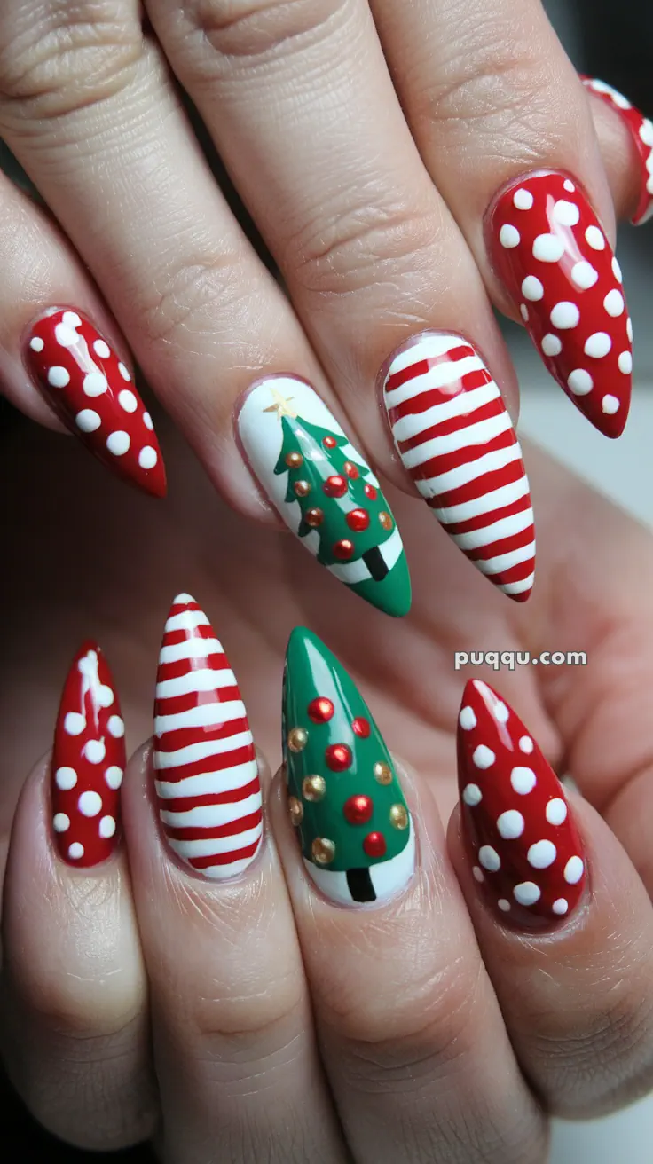 Festive Christmas-themed nail art with red, white, and green colors, featuring polka dots, stripes, and a Christmas tree design.