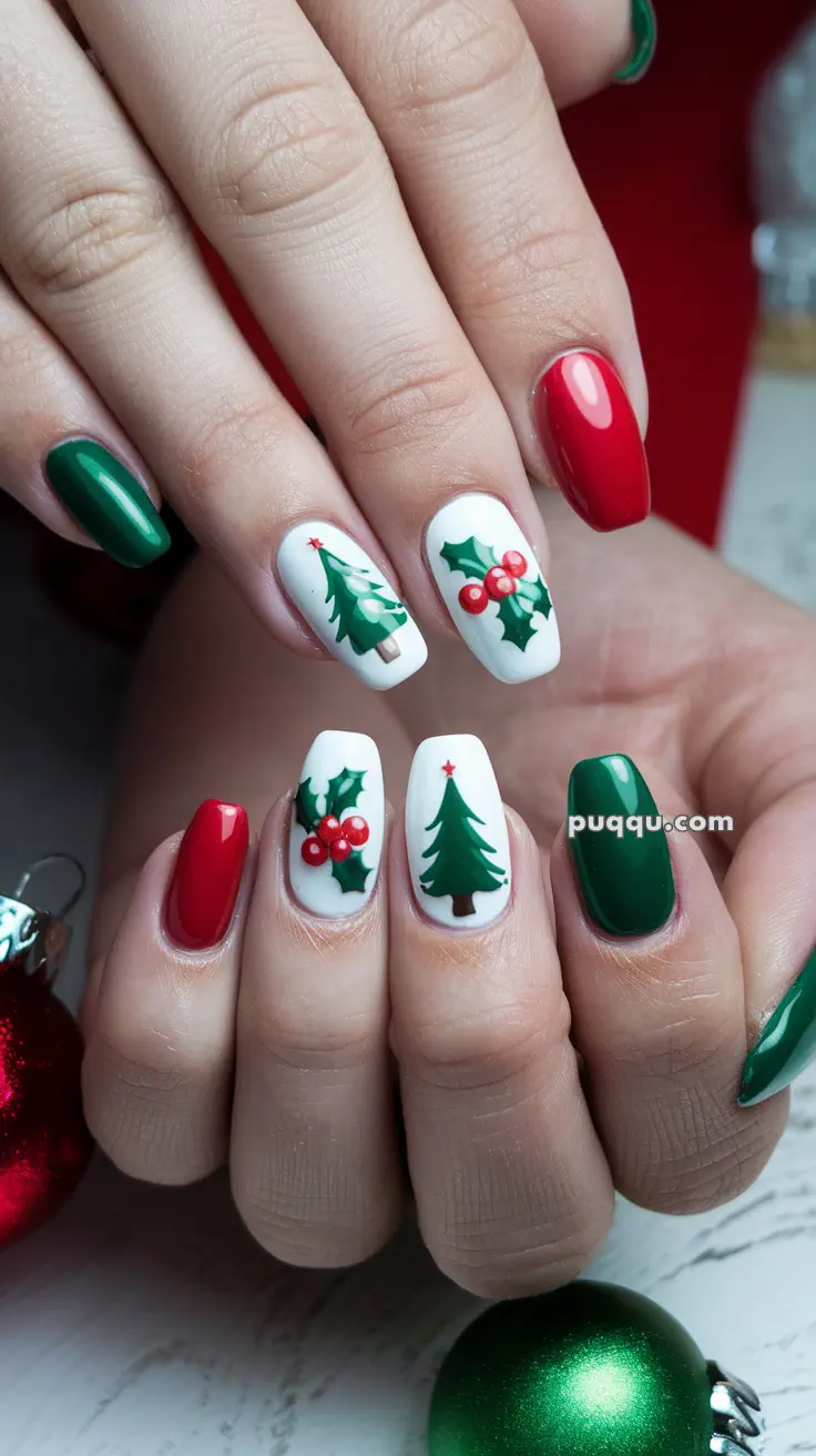 Festive Christmas-themed nail art with red and green colors featuring holly and Christmas tree designs.