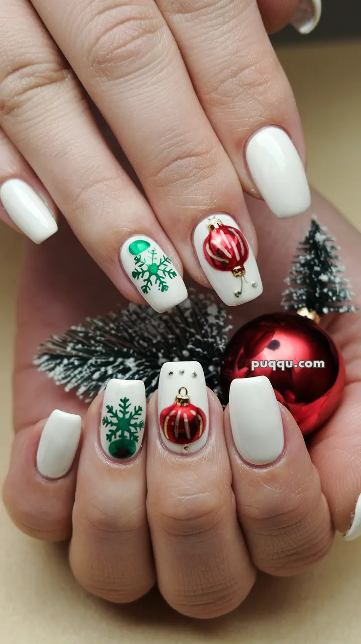 White manicured nails with Christmas-themed designs, including green snowflakes and red ornaments.