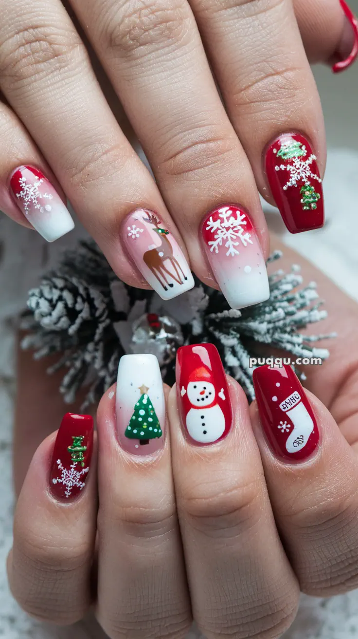 Festive Christmas-themed nail art featuring snowflakes, a reindeer, Christmas trees, a snowman, and a Christmas stocking on a combination of white and red base.