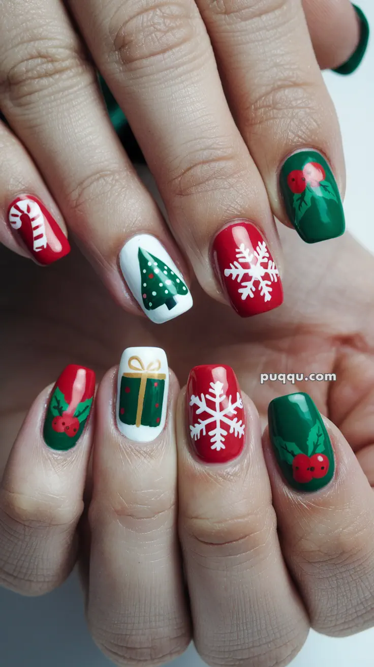 Close-up of festive Christmas-themed nail art featuring designs like candy canes, Christmas trees, snowflakes, holly, and presents in red, green, and white colors.