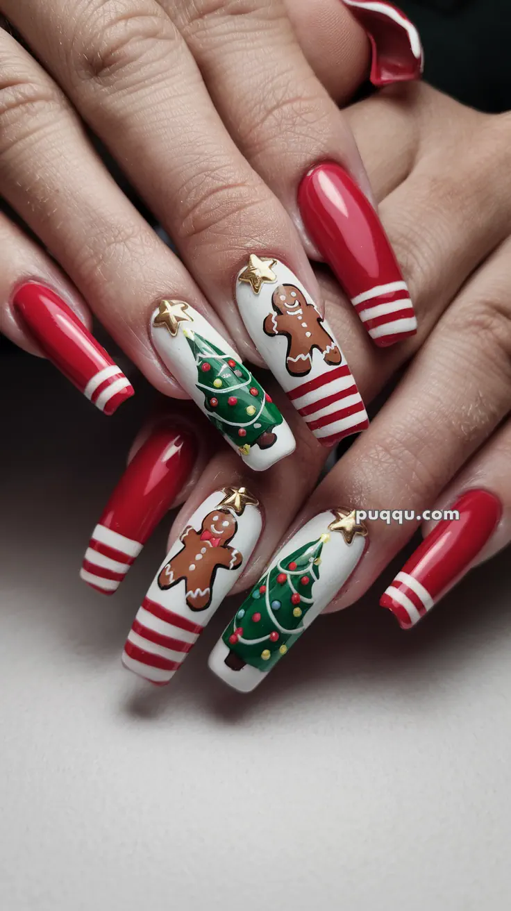 Red and white Christmas-themed nail art with gingerbread men and Christmas trees.