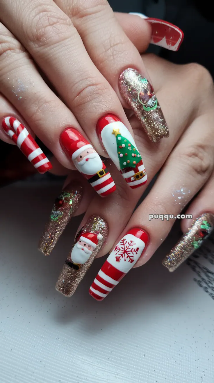 Fingernails with festive Christmas-themed nail art featuring Santa, a Christmas tree, snowflake, candy cane, and gold glitter accents.