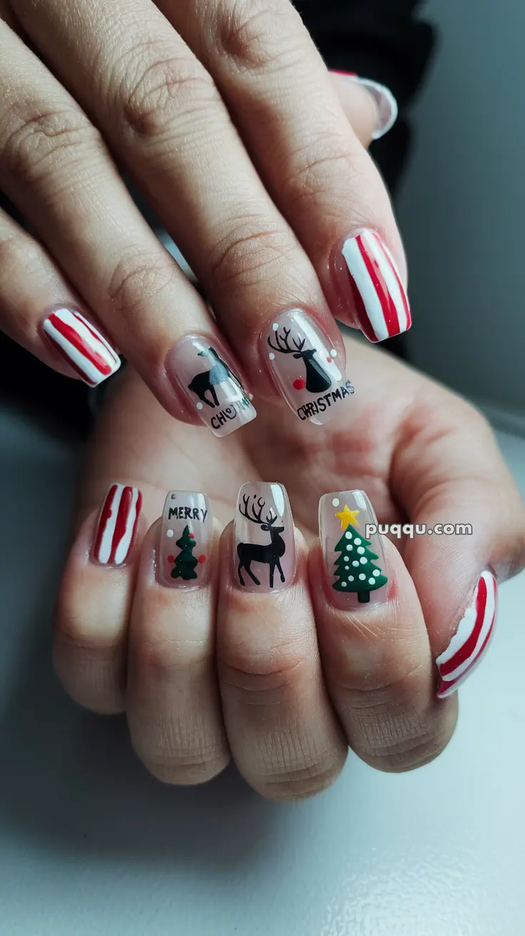 Fingernails painted with red and white stripes, reindeer, and Christmas tree designs.