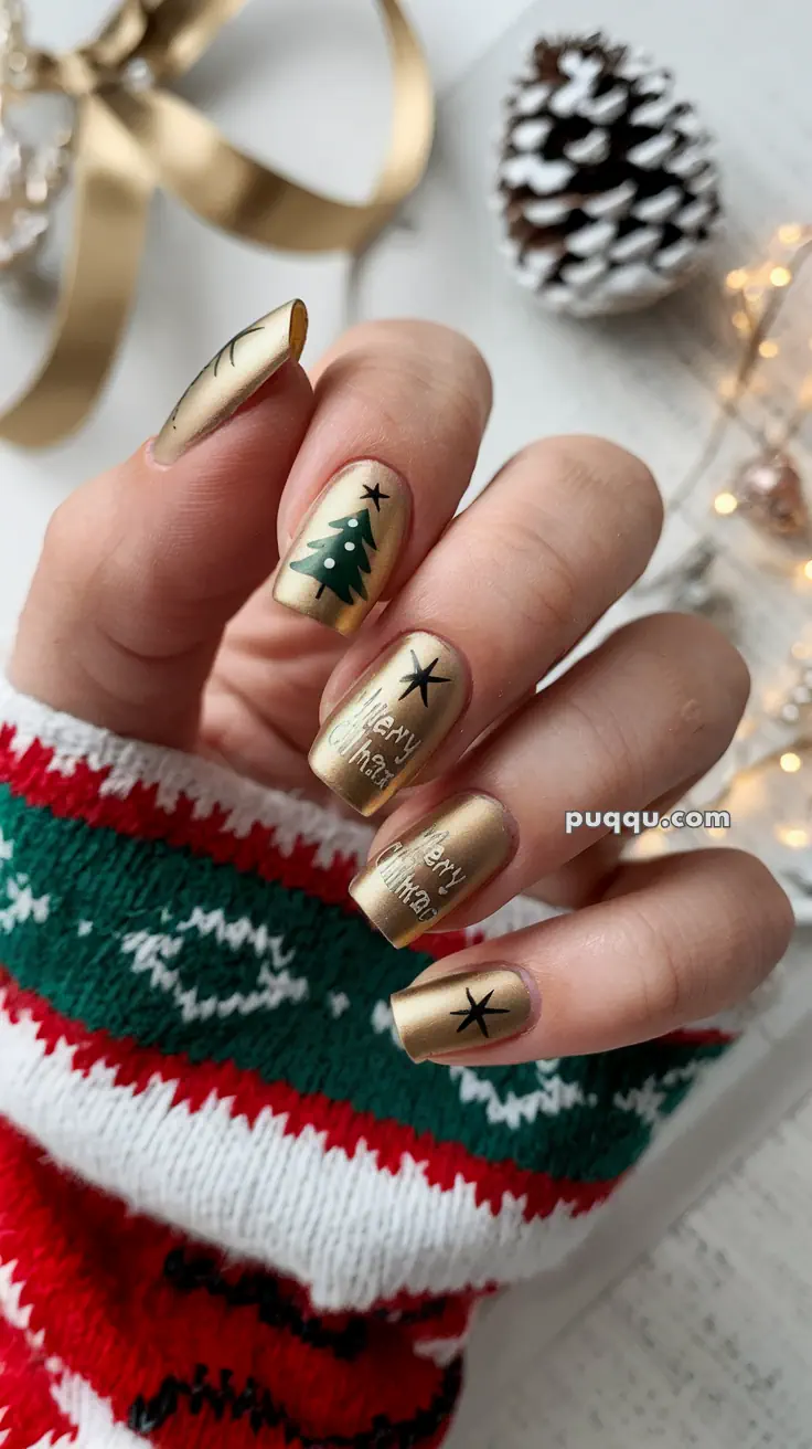 Gold festive nails with Christmas designs, featuring a tree and "Merry Christmas" text, held over a background with a sweater, ribbon, and pine cone.