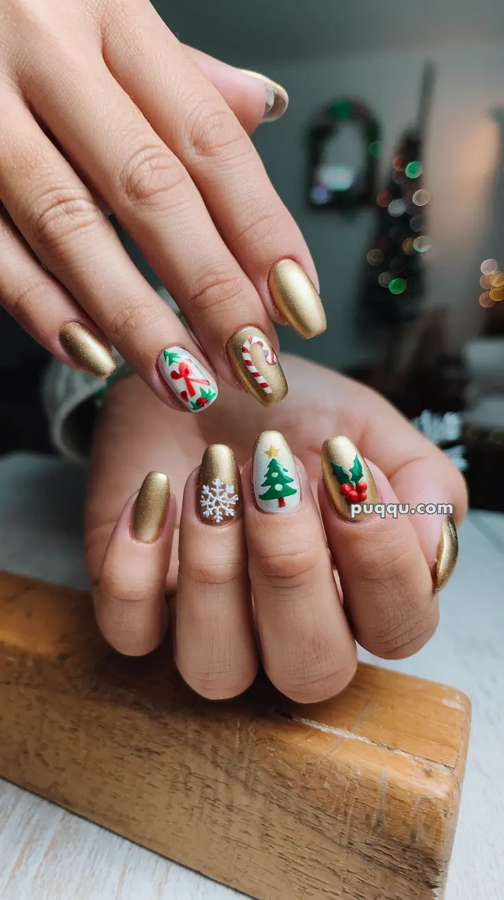 Hands with gold and festive-themed nail art, including a snowflake, Christmas tree, holly, candy cane, and ribbons.